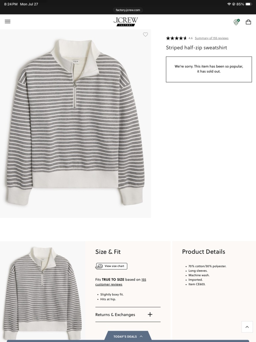 J. Crew Striped Half-Zip Sweatshirt in Gray & Cream NWT